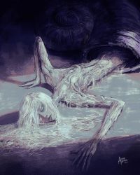 Rule 34 | azure meraki, bloodborne, character request, closed mouth, dated, closed eyes, highres, horror (theme), long hair, nude, signature, snail shell, wet, white hair