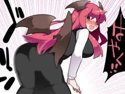 Rule 34 | &gt;:), 1girl, :&gt;, ass, bat wings, black dress, blush, breasts, commentary request, demon girl, dress, hammer (sunset beach), head wings, koakuma, large breasts, leaning forward, long hair, looking at viewer, low wings, open mouth, polka dot, polka dot background, red eyes, red hair, simple background, smile, solo, touhou, translation request, wings