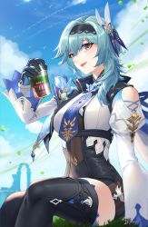 Rule 34 | 1girl, :d, bare shoulders, beer can, black hairband, black shorts, black thighhighs, blue gloves, blue hair, blue necktie, blue sky, breasts, brown eyes, can, chinese commentary, clothing cutout, cloud, commentary, contrail, day, drink can, eula (genshin impact), feet out of frame, genshin impact, gloves, grass, hair ornament, hairband, hand up, high-waist shorts, highres, holding, holding can, juliet sleeves, linreplica, long sleeves, looking at viewer, medium breasts, medium hair, necktie, open mouth, puffy sleeves, shirt, shorts, shoulder cutout, sitting, sky, smile, solo, thighhighs, thighs, white shirt