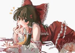 Rule 34 | 1girl, absurdres, ascot, bare shoulders, blood, blood on clothes, blood on face, blood on hands, bow, brown eyes, brown hair, commentary, detached sleeves, fang, frilled bow, frills, grey background, hair bow, hair tubes, hakurei reimu, hand to own mouth, highres, long hair, looking at viewer, lying, on side, open mouth, red bow, ribbon-trimmed legwear, ribbon-trimmed sleeves, ribbon trim, simple background, skin fang, solo, touhou, very long hair, wide sleeves, wwparasi
