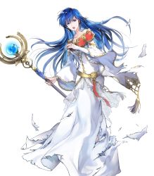 Rule 34 | 1girl, blue eyes, blue hair, bridal gauntlets, dress, earrings, elice (fire emblem), female focus, fire emblem, fire emblem: mystery of the emblem, fire emblem heroes, full body, gold trim, highres, holding, holding staff, jewelry, long dress, long hair, long sleeves, matching hair/eyes, nintendo, non-web source, official art, open mouth, skirt, solo, staff, torn clothes, torn dress, torn skirt, transparent background, white dress, wide sleeves