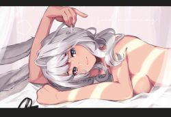 Rule 34 | 1girl, animal ears, bed, bed sheet, blue eyes, blush, breasts, dark-skinned female, dark skin, final fantasy, final fantasy xiv, grey hair, letterboxed, looking at viewer, lying, medium breasts, nude, on stomach, peachy michi, rabbit ears, smile, solo, sunlight, under covers, upper body, viera, warrior of light (ff14)