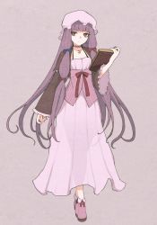 Rule 34 | 1girl, absurdres, alternate costume, blue ribbon, book, choker, crescent, dress, expressionless, full body, hat, highres, holding, holding book, jewelry, long hair, mijuku mikan, mob cap, necklace, patchouli knowledge, purple dress, purple eyes, purple footwear, purple hair, red ribbon, ribbon, solo, standing, touhou