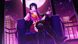 Rule 34 | 1girl, alternate costume, armchair, belt collar, black footwear, black hair, black thighhighs, boots, bow, bowtie, building, chair, choker, city, collarbone, colored inner hair, commentary request, contemporary, cropped shirt, crossed legs, cup, drinking glass, dutch angle, foot out of frame, full moon, garter straps, hand on own chin, hands up, highres, hime cut, holding, holding cup, houraisan kaguya, huge moon, indoors, jiege, long hair, looking at viewer, miniskirt, moon, multicolored hair, night, orange bow, orange bowtie, pink hair, pink shirt, red bracelet, red choker, red skirt, shirt, short sleeves, sitting, skirt, sky, solo, star (sky), starry sky, thighhighs, touhou, very long hair, wristband