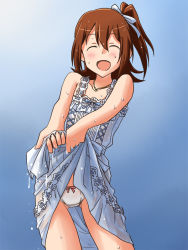 Rule 34 | 1girl, :d, blue background, blue dress, blue ribbon, bow, bow panties, brown hair, clothes lift, commentary request, cowboy shot, crotch seam, dress, dress lift, facing viewer, hair ribbon, idolmaster, idolmaster million live!, jewelry, kasuga mirai, lielos, lifting own clothes, medium hair, necklace, one side up, open mouth, panties, ribbon, see-through, short dress, smile, solo, underwear, wet, wet clothes, wet dress, white panties, wringing clothes