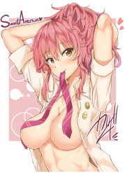 Rule 34 | 1girl, arms up, artist name, badge, blush, breasts, brown background, brown eyes, button badge, cleavage, collared shirt, convenient censoring, dated, hair between eyes, highres, idolmaster, idolmaster cinderella girls, jougasaki mika, kazuchi, large breasts, long hair, looking at viewer, necktie, no bra, open clothes, peace symbol, pink hair, ponytail, shirt, signature, simple background, sleeves rolled up, smile, smiley face, solo, two-tone background, tying hair, unbuttoned, upper body, wavy hair, white background, x x, yellow eyes