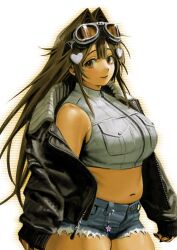 Rule 34 | 1girl, black jacket, blue shorts, breast pocket, brown eyes, brown hair, cowboy shot, glint, goggles, goggles on head, hair ornament, heart, heart hair ornament, highres, hott0g111, jacket, long hair, looking at viewer, midriff, nanaco (hott0g111), navel, open clothes, open jacket, original, pocket, shorts, simple background, smile, solo, star (symbol), white background, zipper, zipper pull tab