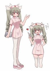 Rule 34 | 1girl, absurdres, anchovy (girls und panzer), arm behind back, clipboard, closed mouth, commentary, cropped legs, dress, drill hair, gesture, girls und panzer, green hair, hair ribbon, hat, heart, highres, holding, holding clipboard, holding syringe, long hair, looking at viewer, mary janes, nurse, nurse cap, open mouth, pantyhose, pink dress, pink footwear, pink hat, red eyes, ri (qrcode), ribbon, shoes, short dress, short sleeves, simple background, smile, solo, standing, syringe, thighhighs, twin drills, twintails, white background, white pantyhose, white ribbon, white thighhighs
