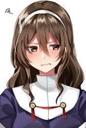Rule 34 | 1girl, ashigara (kancolle), brown eyes, brown hair, commentary request, facing viewer, hairband, highres, kantai collection, katsuobushi (eba games), long hair, sideways glance, simple background, solo, squiggle, upper body, white background, white hairband