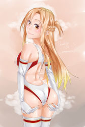 Rule 34 | 1girl, ass, ass grab, asuna (sao), awono nanaumi, braid, brown eyes, brown hair, competition swimsuit, crown braid, elbow gloves, french braid, from behind, gloves, grabbing own ass, gradient background, half updo, highres, legs together, lips, long hair, looking at viewer, looking back, one-piece swimsuit, pink background, smile, solo, standing, swimsuit, sword art online, thighhighs, white gloves, white one-piece swimsuit, white thighhighs