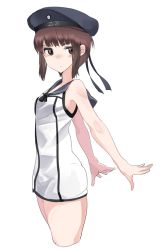 Rule 34 | 10s, 1girl, adapted costume, alternate color, bad id, bad twitter id, bare arms, bare shoulders, brown eyes, brown hair, clothes writing, cropped legs, fujibejifu, hat, kantai collection, machinery, neckerchief, no bra, sailor collar, sailor hat, short hair, sidelocks, simple background, sleeveless, solo, turret, white background, z3 max schultz (kancolle)