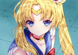Rule 34 | 1girl, bad id, bad pixiv id, bishoujo senshi sailor moon, blonde hair, blue eyes, blue sailor collar, bow, choker, circlet, collarbone, commentary request, crescent, crescent earrings, derivative work, double bun, earrings, hair bun, hair ornament, hair over shoulder, heart, heart choker, jewelry, long hair, meme, nanase nao, parted bangs, parted lips, red bow, red choker, sailor collar, sailor moon, sailor moon redraw challenge (meme), screenshot redraw, shirt, sleeveless, sleeveless shirt, solo, tsukino usagi, twintails, upper body, white shirt