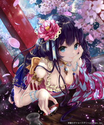 Rule 34 | 1girl, alcohol, aqua eyes, armlet, barefoot, bead bracelet, bead necklace, beads, black hair, blue eyes, blue ribbon, blue skirt, blurry, bracelet, braid, breasts, choker, cleavage, closed mouth, collarbone, company name, crystal, cube, cup, depth of field, dutch angle, eyelashes, flower, frills, full moon, hair beads, hair flower, hair ornament, hair ribbon, hanami, hand on own cheek, hand on own face, head rest, highres, japanese clothes, jewelry, light particles, lipstick, long hair, looking at viewer, lying, makeup, medium breasts, miniskirt, moon, nail polish, necklace, night, night sky, off shoulder, official art, on floor, on stomach, pendant, petals, pink flower, pink lips, pink nails, pisuke, pleated skirt, red flower, ribbon, sakazuki, sake, sash, shingoku no valhalla gate, single sleeve, skirt, sky, smile, solo, tassel, toeless legwear, toenail polish, toenails, toes, tokkuri, wide sleeves, wooden floor, yagasuri