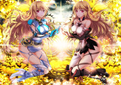 Rule 34 | 2girls, arm warmers, bare shoulders, blonde hair, boots, full body, gears, gloves, long hair, milla (fractured), milla maxwell, miniskirt, multiple girls, red eyes, skirt, symmetry, tales of (series), tales of xillia, tales of xillia 2, wide hips, yellow background, yuu (asaiyuji)