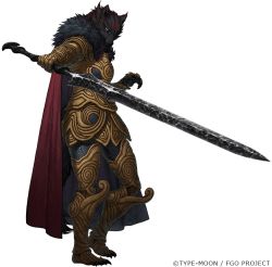 Rule 34 | 1boy, armor, black fur, blue eyes, cape, closed mouth, commentary request, copyright name, expressionless, facial mark, facial tattoo, fate/grand order, fate (series), forehead mark, full body, fur collar, fur trim, furry, furry male, holding, holding sword, holding weapon, kukochihiko (fate), looking at viewer, male focus, official art, red cape, simosi, simple background, solo, standing, sword, tattoo, transparent background, weapon, wolf boy
