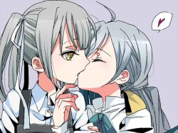 Rule 34 | 10s, 2girls, ahoge, ana (tateana juukyo), blue bow, blue bowtie, bow, bowtie, braid, buttons, closed eyes, commentary request, gatakao, grey hair, hair ornament, hair ribbon, heart, kantai collection, kasumi (kancolle), kiss, kiyoshimo (kancolle), long hair, long sleeves, multiple girls, neck ribbon, purple background, remodel (kantai collection), ribbon, school uniform, shirt, side ponytail, simple background, speech bubble, spoken heart, upper body, white ribbon, white shirt, yellow eyes, yellow ribbon, yuri