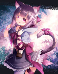 Rule 34 | 1girl, :3, adjusting hood, animal ears, arm ribbon, border, bow, candy, capelet, cat ears, cat tail, chocolate, chocolate bar, choker, dress, fallenshadow, floral background, food, frilled capelet, frills, from side, hair bow, half updo, highres, hood, hooded capelet, indie virtual youtuber, kito (sorahate), lace, lace-trimmed dress, lace border, lace trim, leg ribbon, looking at viewer, looking to the side, open mouth, ornate border, pink bow, pink eyes, pink ribbon, purple ribbon, ribbon, single stripe, single thighhigh, smile, solo, tail, tail bow, tail ornament, thighhighs, virtual youtuber