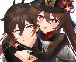 Rule 34 | 1boy, 1girl, arms around neck, black hair, black headwear, black nails, blush, brown hair, chinese clothes, coat, collared shirt, colored tips, earrings, eyeliner, eyeshadow, face-to-face, flower, flower-shaped pupils, genshin impact, gradient hair, hair between eyes, hat, hat flower, highres, hu tao (genshin impact), hug, jewelry, long hair, looking at viewer, makeup, multicolored hair, multiple rings, nail polish, open mouth, plum blossoms, porkpie hat, red eyes, red eyeshadow, red shirt, ring, shirt, sigggrain, single earring, smile, star-shaped pupils, star (symbol), symbol-shaped pupils, tassel, tassel earrings, thumb ring, twintails, twitter username, white background, yellow eyes, zhongli (genshin impact)