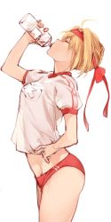Rule 34 | 1girl, absurdres, ahoge, artist request, blonde hair, blouse, bottle, buruma, cowboy shot, crop top, crop top overhang, drinking, fate (series), from side, hand on own hip, highres, nero claudius (fate), nero claudius (fate) (all), nero claudius (fate/extra), nero claudius (olympian bloomers) (fate), official alternate costume, shirt, simple background, standing, water bottle, white background, white shirt