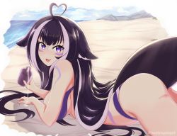 Rule 34 | 1girl, absurdres, ahoge, animal ears, arm tattoo, ass, beach, bikini, black hair, blue bikini, blue sky, breasts, cetacean tail, cloud, commentary, english commentary, facial tattoo, fangs, fins, fish tail, heart, heart ahoge, highres, indie virtual youtuber, large breasts, leg tattoo, long hair, looking at viewer, lotion, multicolored hair, open mouth, orca girl, purple eyes, sand, shylily, shylily (bikini), sky, streaked hair, sunscreen, swimsuit, tail, takkikun, tattoo, virtual youtuber, water, white hair