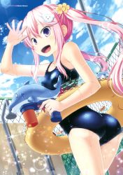Rule 34 | 1girl, :d, absurdres, amamiya minato, artist name, bare shoulders, breasts, day, hair ornament, highres, holding, innertube, long hair, open mouth, original, outdoors, pink hair, purple eyes, school swimsuit, shiny clothes, small breasts, smile, solo, swim ring, swimsuit, twintails, water gun
