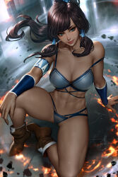 Rule 34 | 1girl, abs, arm support, armband, armlet, avatar legends, blue bra, blue eyes, blue panties, boots, bra, breasts, brown footwear, brown hair, collarbone, commentary, dark-skinned female, dark skin, element bending, english commentary, fire, floating rock, hair tubes, korra, large breasts, long hair, mixed-language commentary, navel, neoartcore, paid reward available, panties, patreon username, ponytail, sitting, solo, strap slip, thai commentary, the legend of korra, underwear, wind