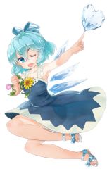 Rule 34 | 1girl, bare legs, blue bow, blue dress, blue eyes, blue hair, bow, cirno, dress, flower, hair between eyes, hair bow, highres, ice, ice wings, morning glory, murani, one eye closed, open mouth, sandals, smile, solo, sunflower, tan, tanline, tanned cirno, touhou, v-shaped eyebrows, wings