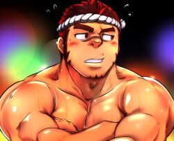 Rule 34 | 1boy, akashi (live a hero), averting eyes, bara, crossed arms, doro rich, facial hair, goatee, hachimaki, headband, live a hero, long sideburns, male focus, muscular, muscular male, paid reward available, pectoral squeeze, red eyes, red hair, scar, scar on face, scar on nose, shiny skin, short hair, sideburns, solo, summer festival, sweat, thick eyebrows, upper body