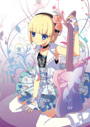 1girl bad_id bad_pixiv_id blonde_hair blue_eyes blunt_bangs boots choker english_text female_focus fingerless_gloves floral_print flower gem gloves guitar hairband instrument juke original pearl_(gemstone) short_hair smile solo thighhighs white_thighhighs