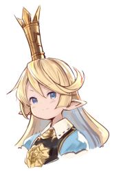 Rule 34 | &gt;:), 1girl, blonde hair, blue eyes, blush, charlotta (granblue fantasy), closed mouth, cropped torso, crown, granblue fantasy, hair between eyes, harvin, long hair, meito (maze), mini crown, pointy ears, simple background, smile, solo, upper body, v-shaped eyebrows, white background, wing collar