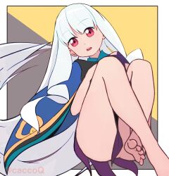 Rule 34 | 1girl, artist name, bare legs, border, caccoq, character request, check character, check copyright, convenient censoring, copyright request, dorsiflexion, feet, foot out of frame, gold trim, grey background, grey hair, highres, katanagatari, knees up, leaning to the side, legs, long hair, no panties, open mouth, pink eyes, sitting, solo, teeth, thighs, toes, togame, twitter username, two-tone background, upper teeth only, very long hair, white border, yellow background
