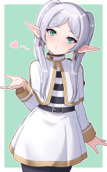 Rule 34 | 1girl, arm at side, belt, black belt, black pantyhose, blowing kiss, blush, border, capelet, commentary request, cowboy shot, dress, drop earrings, earrings, elf, eyelashes, frieren, frieren blowing a kiss (meme), green background, green eyes, hand up, head tilt, heart, highres, jewelry, long hair, long sleeves, looking at viewer, meme, o3o, pantyhose, parted bangs, pointy ears, reijing etrn, short eyebrows, simple background, solo, sousou no frieren, straight hair, thick eyebrows, tsurime, twintails, white border, white capelet, white dress
