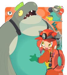 Rule 34 | 1girl, ?, big shot (splatoon), blush, colored sclera, fang, gloves, green gloves, green hair, heart, helmet, high-visibility vest, highres, hug, kiirono, lifebuoy, long sleeves, mining helmet, mohawk, multiple views, nintendo, octoling, octoling girl, octoling player character, open mouth, overalls, red eyes, rubber gloves, salmon run (splatoon), splatoon (series), splatoon 3, spoken question mark, swim ring, tentacle hair, yellow eyes, yellow sclera