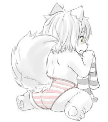 Rule 34 | 1girl, animal ears, bad id, bad pixiv id, from behind, furry, furry female, koishi chikasa, monochrome, panties, simple background, solo, striped clothes, striped panties, tail, topless, underwear, white background