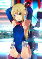 Rule 34 | 1girl, armpits, arms up, black ribbon, blonde hair, blue eyes, blue legwear, blue leotard, blue one-piece swimsuit, breasts, covered navel, dead or alive, dead or alive 5, elbow gloves, frilled leotard, frills, gloves, hair ornament, hair ribbon, highres, leotard, long hair, looking at viewer, marie rose, nishisan (mikurosu), one-piece swimsuit, ribbon, shiny skin, small breasts, solo, standing, swimsuit, twintails, x hair ornament