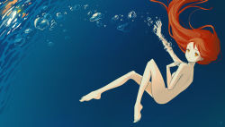 Rule 34 | 1girl, air bubble, barefoot, breath, bubble, freediving, gradient background, holding breath, long hair, looking at viewer, nude, nudist, original, red hair, skinny dipping, solo, swimming, underwater, yellow eyes, zenra