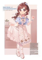 Rule 34 | 1girl, alternate costume, antenna hair, apple earrings, blue eyes, blush, bow, bowtie, brown hair, clothing cutout, collarbone, earrings, english text, food-themed earrings, food themed earrings, full body, hair bow, highres, idolmaster, idolmaster cinderella girls, jewelry, light smile, looking at viewer, outline, ponytail, red eyes, sailor collar, shisui (5830217), shoulder cutout, skirt, skirt hold, solo, tsujino akari, wavy hair, white bow, white bowtie, white outline