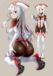 Rule 34 | 1girl, arm at side, ass, blush, bodysuit, boots, breasts, brown background, clipboard, closed mouth, cross print, elf, expressionless, closed eyes, from behind, full body, gloves, hair between eyes, hand on own thigh, hat, holding, katahira masashi, kneeling, long hair, looking at viewer, looking back, medium breasts, medium hair, multiple views, nurse cap, original, pointy ears, purple eyes, shoe soles, silver hair, simple background, skin tight, standing, thigh boots, thighhighs, very long hair, white footwear, white gloves