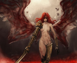 Rule 34 | 1girl, amputee, breasts, closed mouth, completely nude, elden ring, facing viewer, highres, holding, holding sword, holding weapon, kayomin, long hair, malenia blade of miquella, malenia goddess of rot, navel, no nipples, nude, prosthesis, prosthetic arm, prosthetic leg, red hair, sketch, small breasts, solo, spread wings, sword, weapon