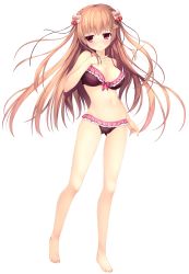 Rule 34 | 1girl, :o, bare shoulders, barefoot, bikini, braid, breasts, brown hair, frills, full body, hair ornament, hairclip, hand on own chest, haruoto alice gram, highres, large breasts, long hair, looking at viewer, nanao naru, navel, official art, red eyes, shirahane yuuri, solo, standing, swimsuit, transparent background
