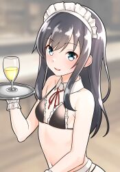 Rule 34 | 1girl, alternate costume, apron, asashio (kancolle), bikini, black bikini, black hair, blue eyes, blurry, blurry background, breasts, cup, detached collar, drinking glass, enmaided, furaggu (frag 0416), gloves, highres, holding, holding tray, kantai collection, long hair, maid, maid apron, maid bikini, maid headdress, navel, neck ribbon, red ribbon, ribbon, small breasts, solo, swimsuit, tray, unconventional maid, waist apron, white apron, white gloves