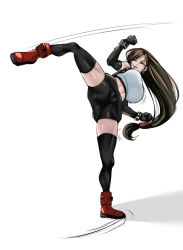 Rule 34 | 1girl, bike shorts, black gloves, black thighhighs, breasts, brown hair, cameltoe, earrings, elbow gloves, female focus, final fantasy, final fantasy vii, full body, gloves, highres, jewelry, kicking, large breasts, long hair, midriff, r-wade, red lips, shiny skin, simple background, solo, spread legs, sweat, thighhighs, thighs, tifa lockhart, white background