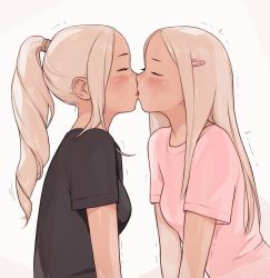 Rule 34 | 2girls, black shirt, blonde hair, breasts, child, commentary, commission, english commentary, closed eyes, from side, hair ornament, hairclip, highres, i0525, kiss, long hair, medium breasts, multiple girls, original, pink shirt, ponytail, shirt, sidelocks, two-tone background, upper body, yuri