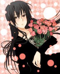 Rule 34 | 1girl, bad id, bad pixiv id, black hair, blush, bouquet, checkered background, collarbone, cross, cross earrings, dutch angle, earrings, expressionless, flower, hair between eyes, jewelry, long hair, looking at viewer, original, red flower, red rose, ring, rose, solo, willowonion, yellow eyes