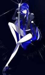 Rule 34 | 1other, androgynous, black footwear, blue hair, blunt bangs, colored skin, elbow gloves, gem uniform (houseki no kuni), gloves, highres, holding, holding sword, holding weapon, houseki no kuni, knee up, lapis lazuli (houseki no kuni), long hair, long legs, mina hiragi, puffy sleeves, shoes, shorts, sidelocks, sitting, smile, smug, sparkle, sword, very long hair, weapon, white skin