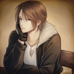 Rule 34 | 1boy, black gloves, black jacket, blue eyes, brown hair, chain necklace, chair, commentary request, cropped jacket, dated, earrings, elbow rest, elbows on table, expressionless, final fantasy, final fantasy viii, fur-trimmed jacket, fur trim, gloves, hand on own head, hiryuu (kana h), jacket, jewelry, light particles, male focus, necklace, on chair, open clothes, open jacket, scar, scar on face, shirt, short hair, signature, sitting, solo, squall leonhart, stud earrings, upper body, v-neck, white shirt, yellow background