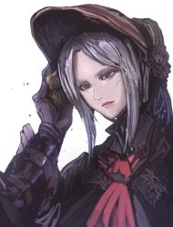 Rule 34 | 1girl, 1other, ascot, black capelet, bloodborne, bonnet, brown hat, capelet, closed mouth, commentary request, cracked skin, gloves, grey eyes, hair ornament, hand on another&#039;s arm, hat, lips, madsensei, plain doll, red ascot, sidelocks, simple background, solo focus, upper body, white background, white hair