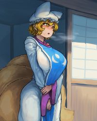 Rule 34 | 1girl, animal hat, blonde hair, blush, breasts, chanta (ayatakaoisii), cowboy shot, dress, empty eyes, extra ears, fox tail, hat, heavy breathing, highres, huge breasts, kitsune, kyuubi, long sleeves, looking away, mob cap, multiple tails, nose blush, orange eyes, parted lips, short hair, solo, sweat, tabard, tail, touhou, triangle mouth, white dress, wide sleeves, yakumo ran