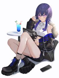 Rule 34 | 1girl, black footwear, black jacket, boots, breasts, buttons, cellphone, closed mouth, collared shirt, crop top, cross-laced footwear, cup, drinking straw, earbuds, earphones, fishnet socks, fishnets, full body, fur-trimmed jacket, fur trim, glass, highres, ichinose uruha, jacket, kuroko1604, lace-up boots, long hair, long sleeves, looking at viewer, lupinus virtual games, midriff, multicolored hair, off shoulder, phone, pillow, pink eyes, purple hair, round eyewear, shirt, simple background, sitting, sleeveless, sleeveless shirt, small breasts, smartphone, smile, socks, solo, tablet pc, tropical drink, two-tone hair, virtual youtuber, vspo!, white background, white shirt