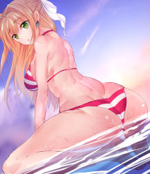 Rule 34 | 1girl, :o, ahoge, ass, back, bad id, bad pixiv id, bikini, blonde hair, bow, braid, breasts, dutch angle, earrings, evening, fate/grand order, fate (series), floating, from behind, green eyes, hair bow, hair intakes, half updo, halterneck, jewelry, kouhirohaunnme, large breasts, long hair, looking at viewer, muscular, nero claudius (fate), nero claudius (fate) (all), nero claudius (swimsuit caster) (fate), partially submerged, sky, solo, squatting, striped bikini, striped clothes, swimsuit, water, wet, wind